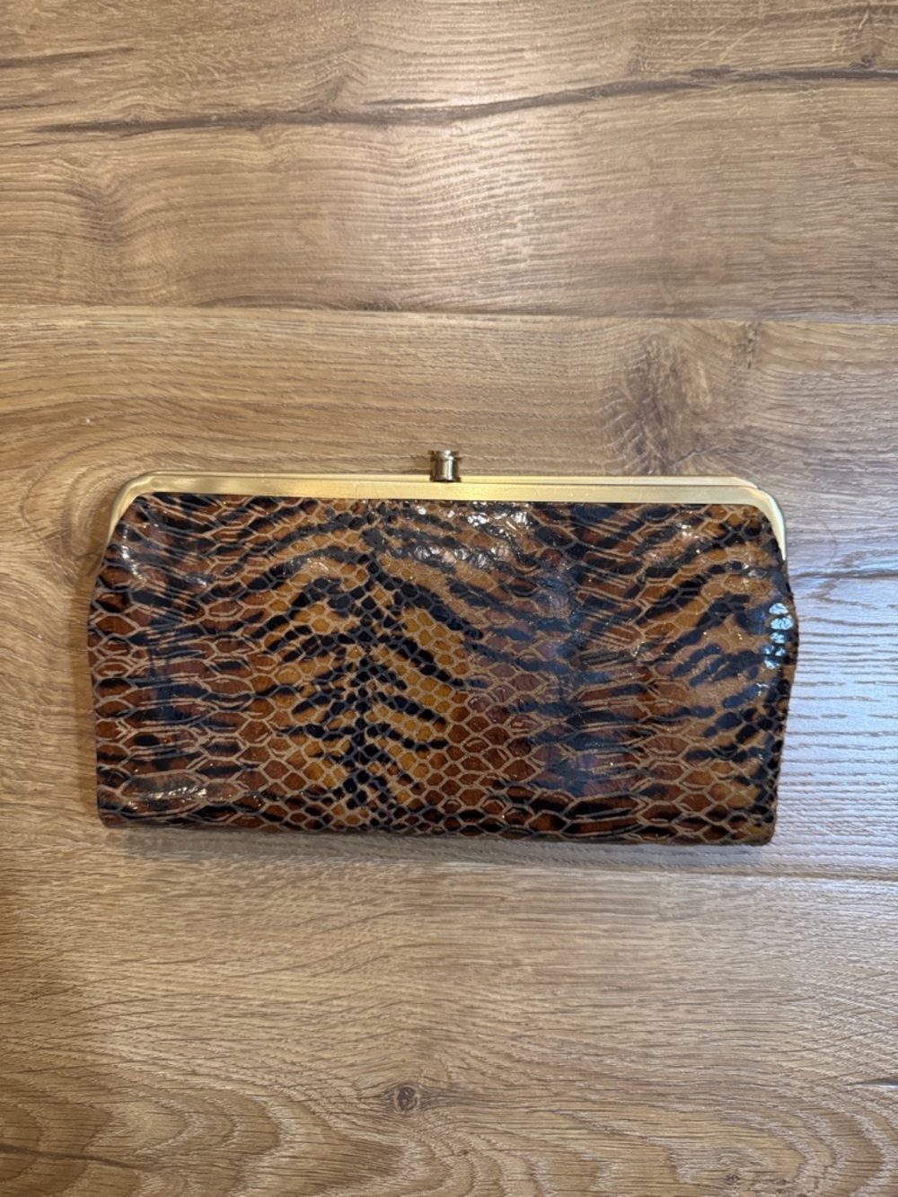 HOBO Brown and Black Snake-Print Frame Clutch
